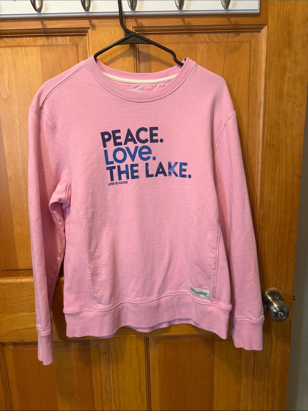 Life Is Good Pink Crewneck with Navy 'Peace. Love. The Lake.' Graphic